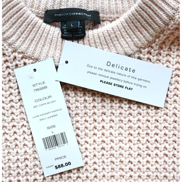 FRENCH CONNECTION NWT LUNA SHORT SLEEVE WAFFLE KNIT CAPRI BLUSH SWEATER. SIZE L - Picture 12 of 13